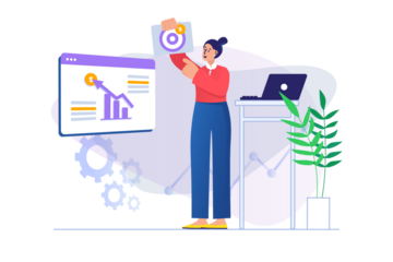 Businesswoman with Charts and Laptop Illustration with Transparent Background Wearing Red Shirt and Blue Pants Presenting Financial Data With White Table