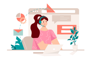 Call Center Representative in Pink Top at Desk with Laptop in Office with Virtual Interface and Indoor Plant on Transparent Background