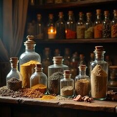 A detailed still life of ancient apothecary jars filled with dried herbs and powders in a historical pharmacy setting