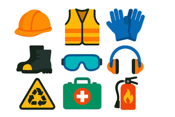 Recycling Safety Icons. Flat vector icons of recycling safety: safety helmet, high-visibility vest, protective gloves, steel-toe