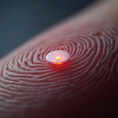 A hyper realistic close up of a human fingerprint with a small health sensor attached to it for biometric data tracking