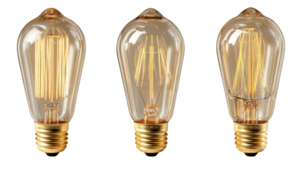 Three antique-style lightbulbs with ornate filaments, golden, on a black background