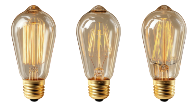 Three antique-style lightbulbs with ornate filaments, golden, on a black background