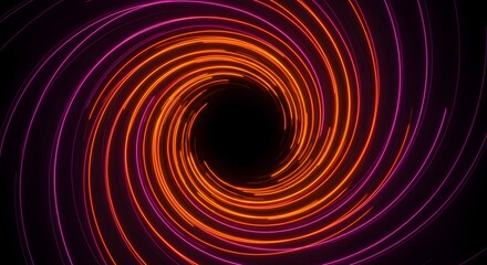 Abstract spiral design with vibrant orange and purple lines against a dark background.