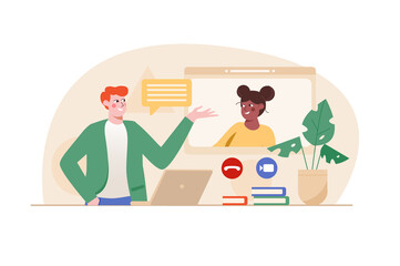 Cartoon Illustration of Online Video Call with Diverse Characters Communication Via Laptop and Plant on Desk Against Neutral Backdrop