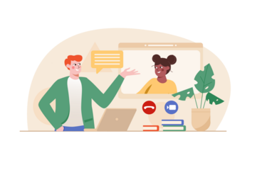 Cartoon Illustration of Online Video Call with Diverse Characters Communication Via Laptop and Plant on Desk Against Neutral Backdrop