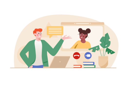 Cartoon Illustration of Online Video Call with Diverse Characters Communication Via Laptop and Plant on Desk Against Neutral Backdrop