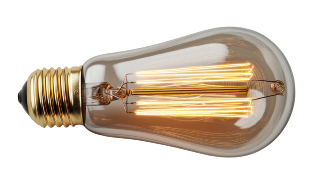 Close-up of an edison-style light bulb, showing filament, gold base, and curved glass