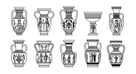 Collection of ancient greek pottery vases and amphorae with mythological scenes and geometric patterns vector
