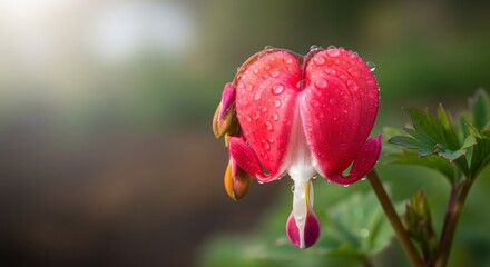 Obraz premium Bleeding heart flower, red petals covered in water droplets, soft focus backdrop