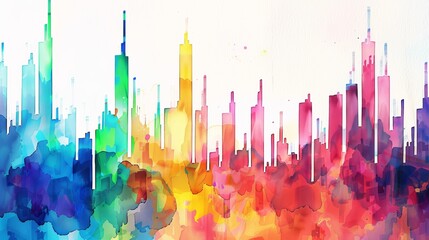 A vibrant watercolor skyline featuring colorful skyscrapers against a bright backdrop, perfect for modern art or urban themes.