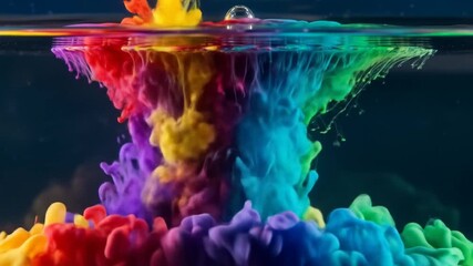 Vivid rainbow clouds of colored ink explode and swirl underwater in slow motion, creating a mesmerizing fusion of red, purple, blue, green, and yellow pigments - Powered by Adobe