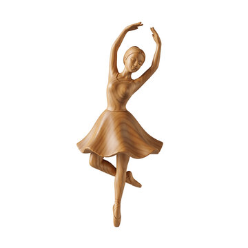 Carved wooden ballerina statue arms raised in a tutu standing against a black backdrop