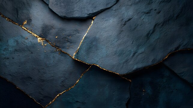view depicts a dark, textured surface of fractured stone with intricate gold leaf filling the crevices, creating an elegant and abstract design; deep teal and gold tones contrast dramatically,...