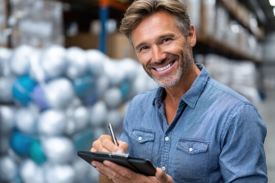 Smiling warehouse manager checks inventory on tablet while standing among storage supplies