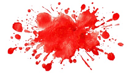 Vivid red watercolor splatter against a stark black background, abstract design with irregular shape