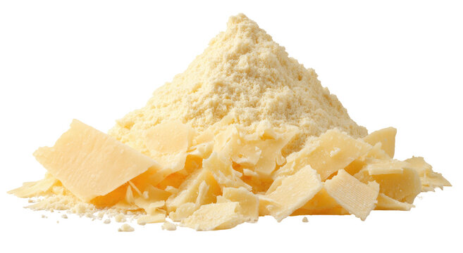 Heap of pale yellow cheese flakes and powder, cut out against black background