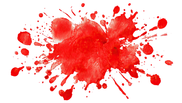Vivid red watercolor splatter against a stark black background, abstract design with irregular shape