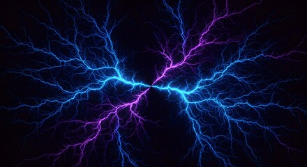 Abstract depiction of vibrant blue and purple lightning bolts emanating from a central point.