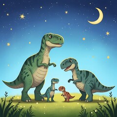 Obraz premium Cute Dinosaur Family Under Starry Night Sky.