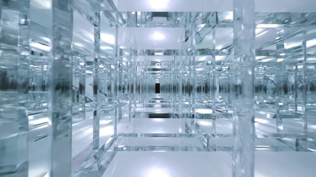 Futuristic flight through an endless hall of mirrors, a bright crystal labyrinth with infinite reflections