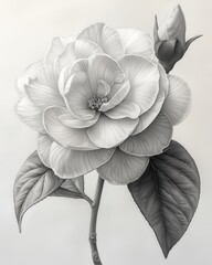 Fototapeta premium Detailed Black and White Botanical Drawing of a Camellia Flower and Bud drawing flower bud detailed