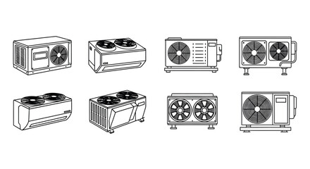 Collection of refrigeration condensing unit and fan drawings for industrial cooling systems vector