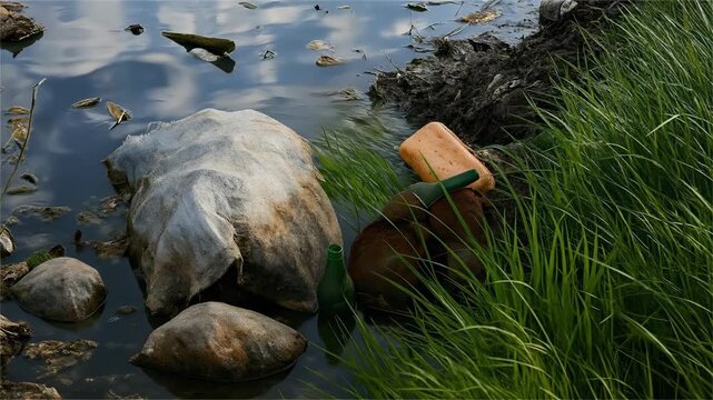Plastic and Glass Garbage Polluting a Natural River Bank