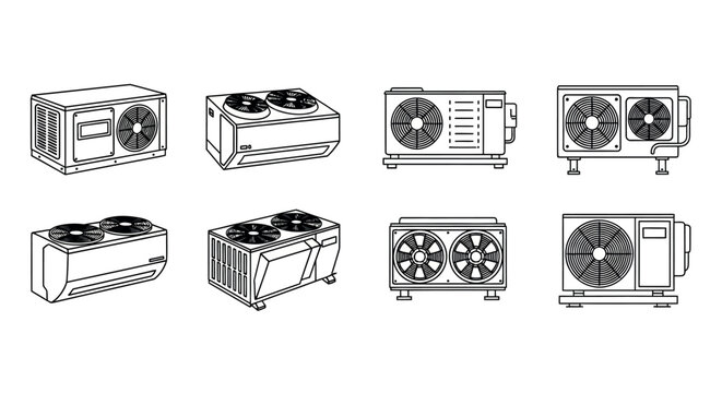 Collection of refrigeration condensing unit and fan drawings for industrial cooling systems vector