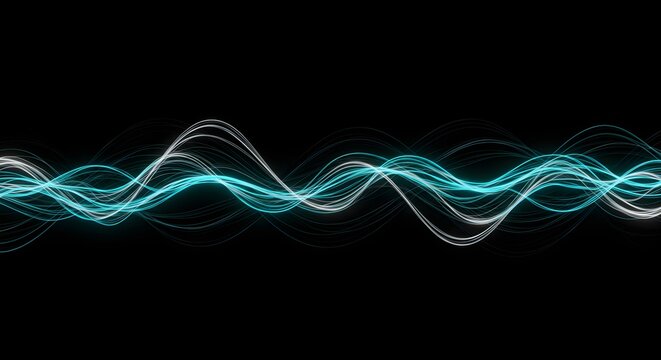 A vibrant abstract illustration of glowing blue and white wavy lines against a dark background, representing energy or sound waves. - Powered by Adobe