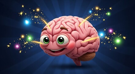 Happy Cartoon Brain Character with Glowing Neural Connections.