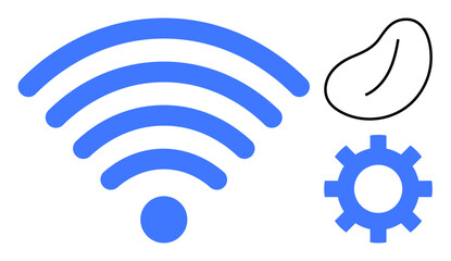 wireless signal icon, gear for settings, and abstract organic shape. Ideal for connectivity, technology, communication, innovation, management, minimal design simple flat metaphor