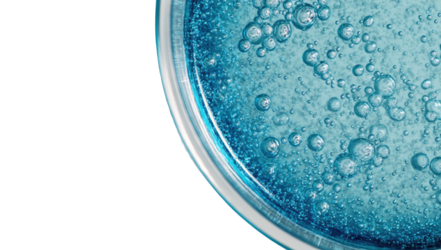 A close-up of blue liquid with bubbles inside a clear glass petri dish on black background