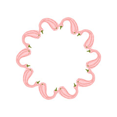 A cute autumn round frame with pink pumpkins. A round wavy frame of various pumpkins. The pumpkins are arranged in a circle. Vector illustration on a white background.