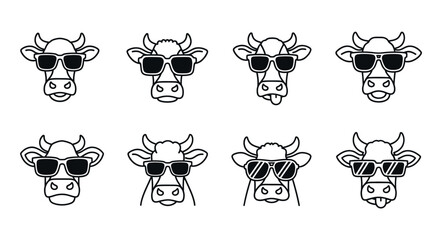 Cool cartoon cow faces with sunglasses diverse styles on hand drawn vector