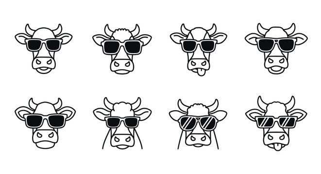 Cool cartoon cow faces with sunglasses diverse styles on hand drawn vector