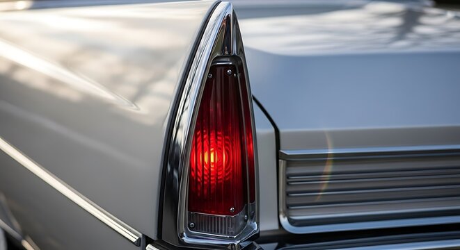 Fototapeta Vintage car taillight detail with illuminated red lens and chrome trim.
