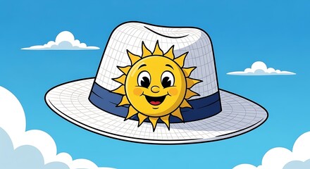 Cartoon Sun Character on a Hat Against a Blue Sky.