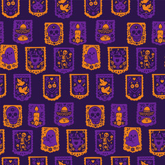 Seamless papel picado pattern in orange and purple for Dia de Muertos