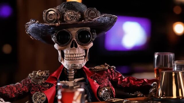 A spooky skeleton character in a hat and elaborate jacket sits at a bar, looking directly at the camera with a playful, eerie gaze