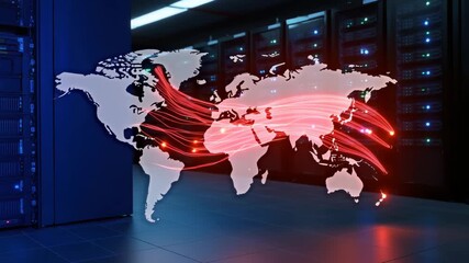 A map illustrates network connections and data transfer pathways across the world. The visualization highlights key regions and server locations in a high-tech data center environment - Powered by Adobe