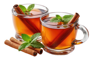Two glass cups of tea, cinnamon sticks, and sprigs of mint, black background