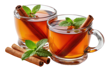 Two glass cups of tea, cinnamon sticks, and sprigs of mint, black background