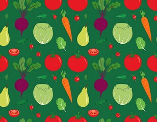 Repeating pattern of various colorful fruits and vegetables on a green background