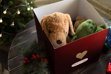 Christmas charitable donation. Holiday toy donation box for kids