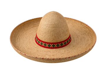 Woven straw sombrero with red and green patterned band isolated on a transparent background