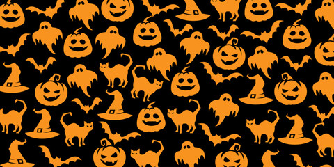 Seamless Halloween pattern with orange pumpkins, ghosts, bats, cats, and witch hats on a black background.