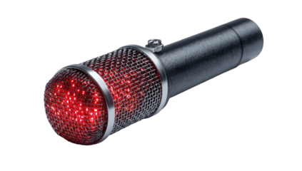 Rendered close-up of a microphone with a metallic mesh head, illuminated with red lights