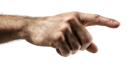 Close-up of a human hand, showing the pointer finger extended forward, with a black background