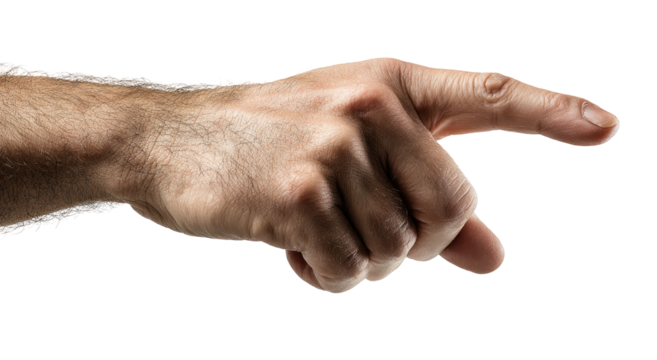 Close-up of a human hand, showing the pointer finger extended forward, with a black background